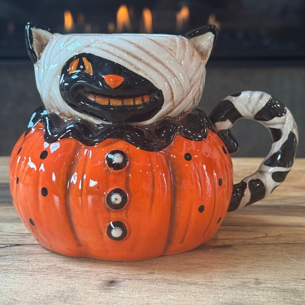 Johanna Parker Designs Halloween Cat Mummy Ceramic Mug, Retro Spooky Coffee Cup
